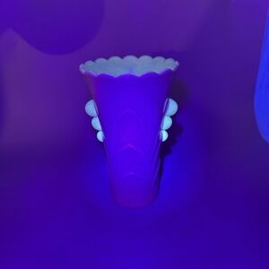 GLOWY  Pink & White Fire King Glass Art Deco Fluted Vase Buttock  Side Handles